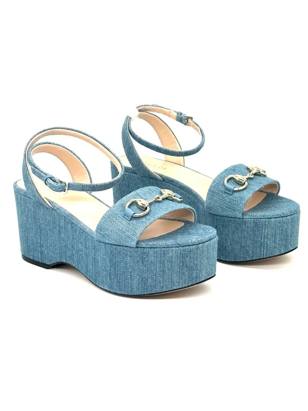 Gucci Lady Horsebit Denim Platform Wedge Heel Sandals Shoes Blue size 39EU NEW
